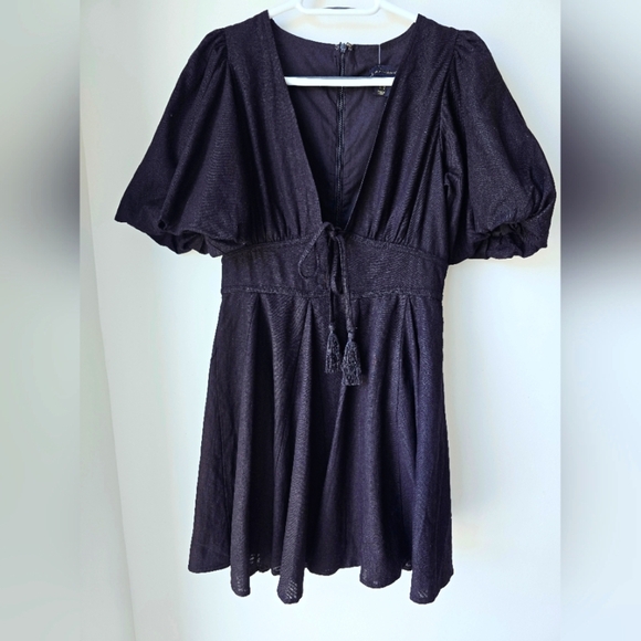 House Of Harlow 1960 Black Dress Puff Sleeve Flared Skirt Linen Size 4 S - Picture 2 of 12